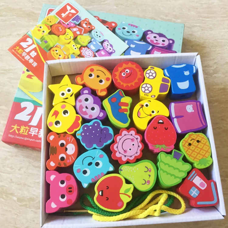

Wooden Bead Toy 1-2-3-Year-Old Large Grain Early Childhood Educational Cartoon Animal Threading Cognitive Jenga Building Blocks