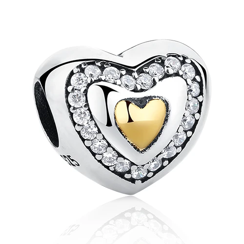 Authentic 925 Sterling Silver Hollow Heart Gold Heart Charm Beads Fit Pandora Bracelet Women Fashion Jewelry Mother Gift - Цвет: PY1258