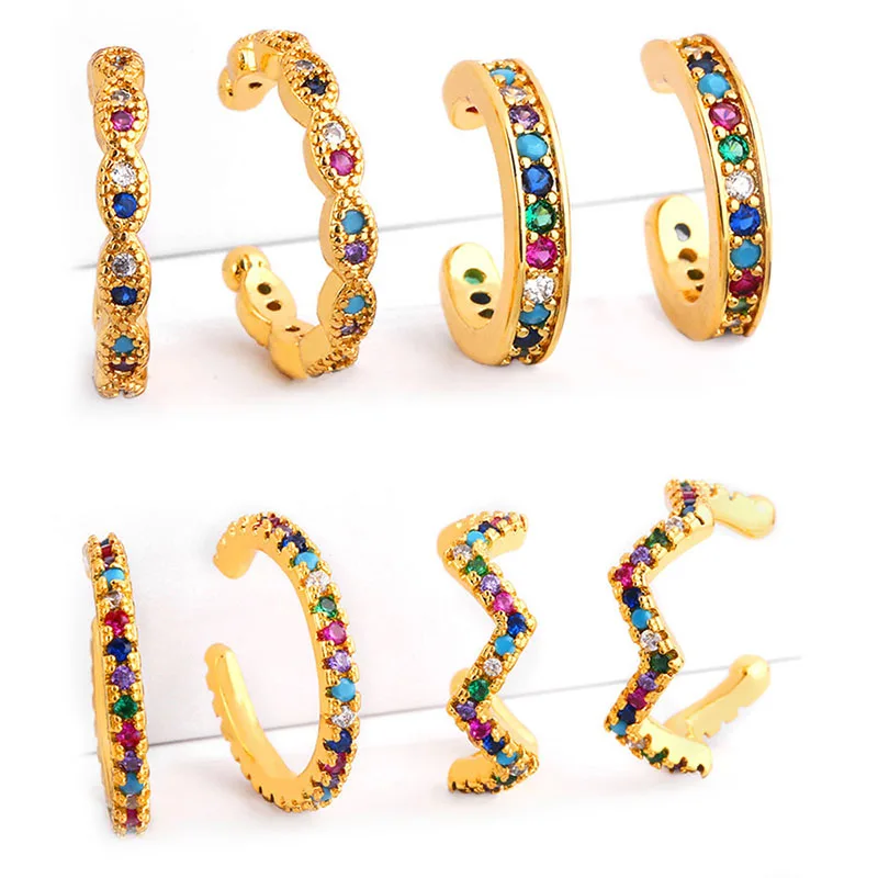 

Single One Ear Clip on Earrings Cuff Rainbow Cubic Zircon Gold Color Small Earring Trendy Jewelry Aretes Non Pierced Earing CZ