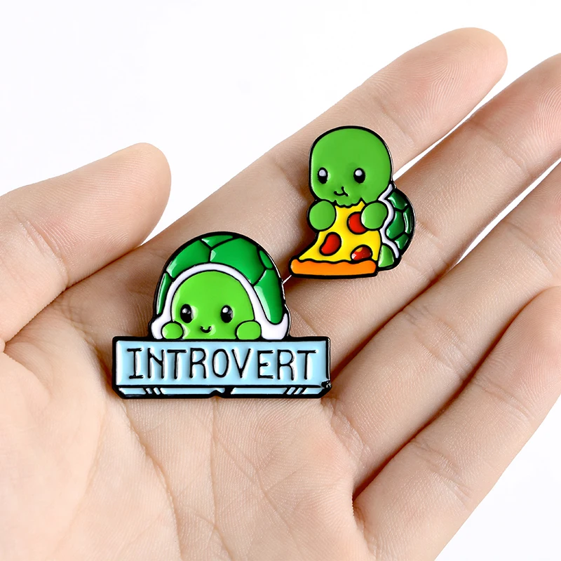 Tortoise Enamel Pins Custom Introvert Brooches Lapel Pin Shirt Bag Pizza Animal Badge Turtle Jewelry Gift For Kids Friends