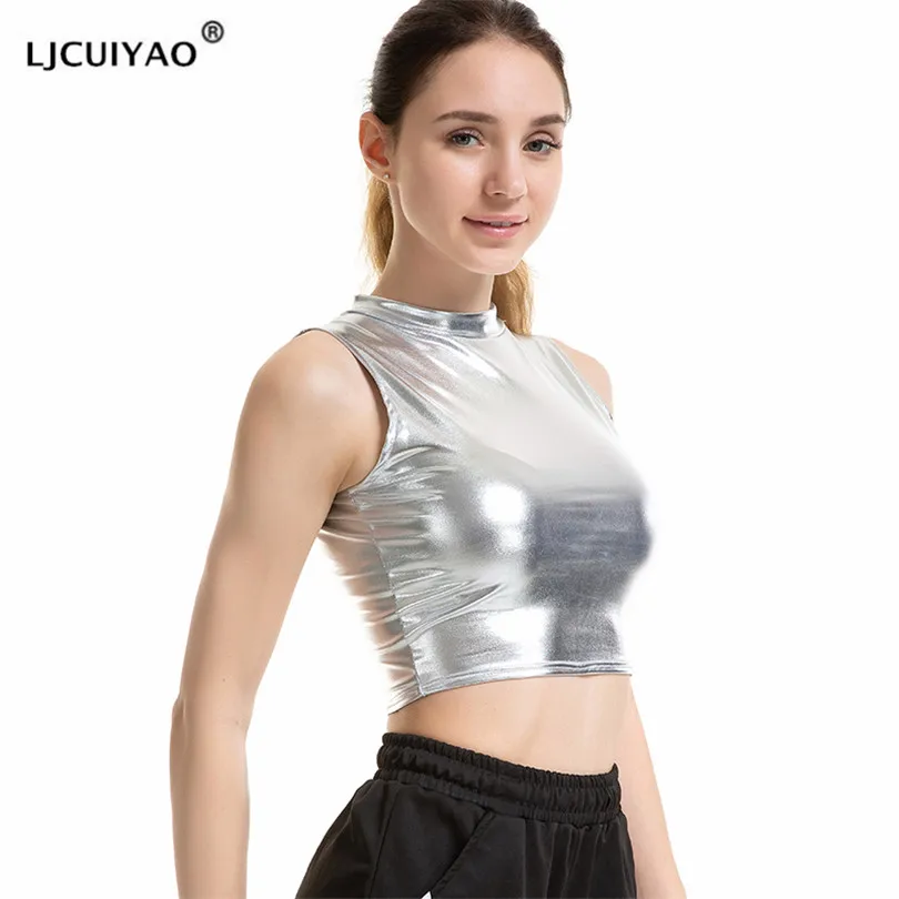 LJCUIYAO Metallic Sleeveless Turtleneck Crop Top Club Dance