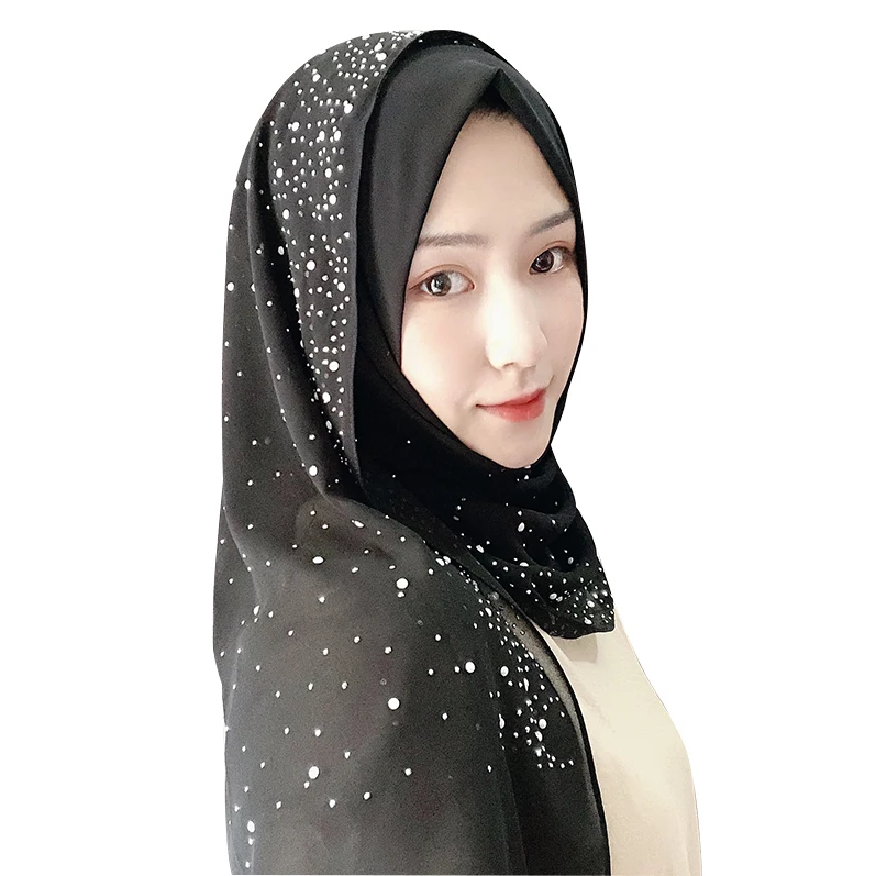 2019 мусульманские женские летние мягкие тонкие шифоновые однотонный шарф-хиджаб с большими бриллиантами, блестящие женские шали Musulman