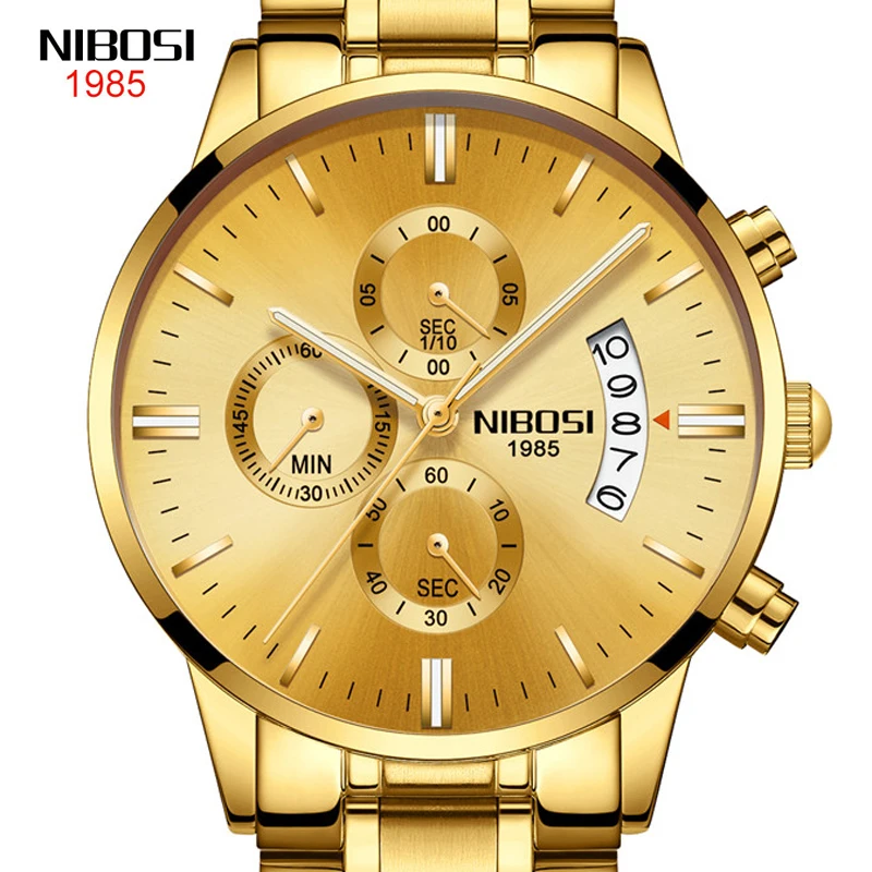 NIBOSI Fashion Stainless Steel Watches Men Waterproof Chronograph Quartz Watch Men Top Brand Luxury Gold Wristwatch for Man 2309