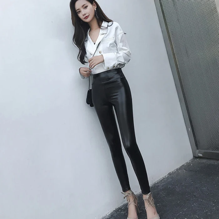 New Arrival Stretch Fit Black Summer PU Leather Shaper High Waist Leggings Pants for Women Autumn Winter Sexy Elastic Trousers