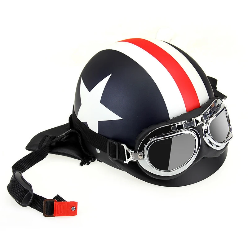 Винтажные мотоциклетные шлемы со звездами и полосками на половину лица, мотоциклетный шлем с очками с открытым лицом, Кепка с черепом, Солнцезащитный мотоциклетный шлем