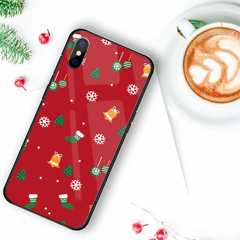 Роскошный Рождественский чехол для iPhone X XS XR XSMAX, жесткий стеклянный чехол Чехол для iPhone 5 5S SE 6 6S 7 8, новогодний подарок, Conque