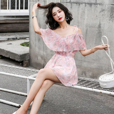 pink Летние шифоновые Комбинезоны с завязками на плечах han edition, штаны с принтом, костюм, юбки - Цвет: pink