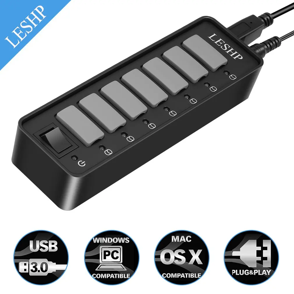10 портов USB 3,0 концентратор Высокоскоростной 5 Гбит бит/с USB 3,0 разветвитель для передачи данных со светодиодный и переключателем внешний адаптер питания для ПК ноутбука US Plug