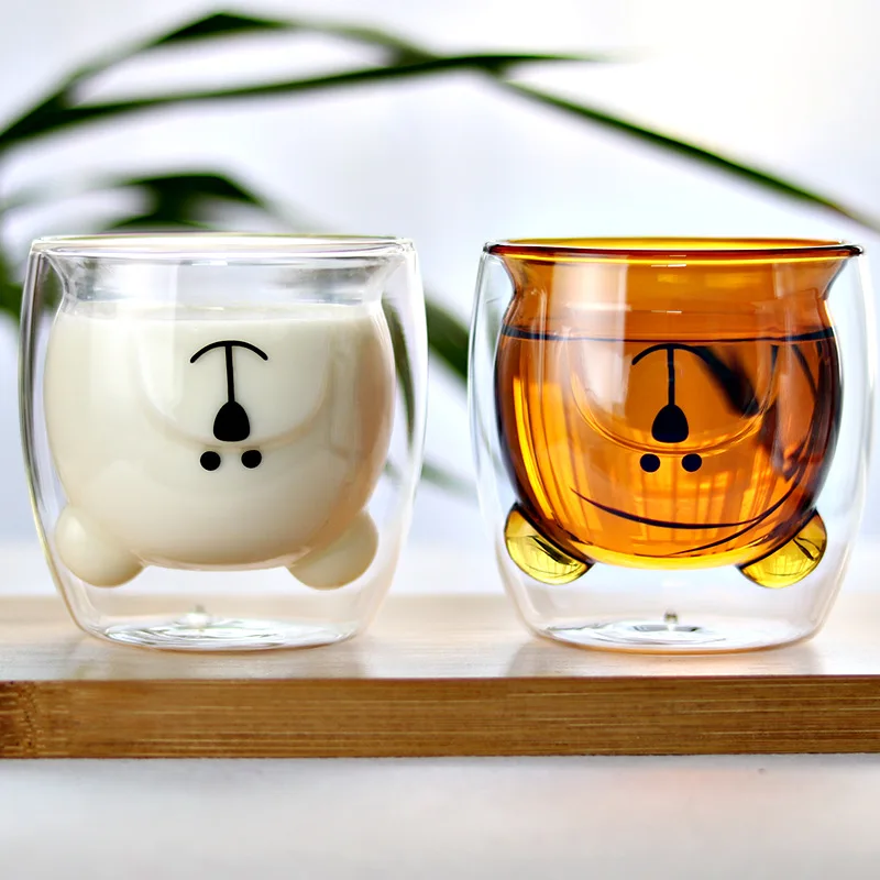 Creative Cartoon Bear Coffee Mug Double Glass Ms. Milk Transparent Cute Juice Cup Lovers Flower Tea Color glass | Дом и сад