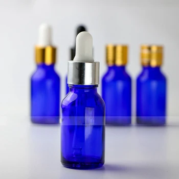 

Blue 15ml Essential Oil Round Dropper Bottles Glass Serum Bottle 15 ml with Black Silver Gold Cap
