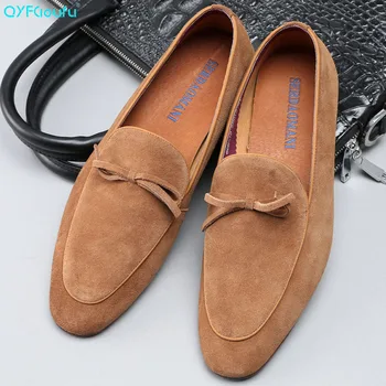 

QYFCIOUFU Men Dress Shoes British Style Men's Slip-on Shoes Fashion Suede Loafers Italian Genuine Leather Prom And Wedding Shoes