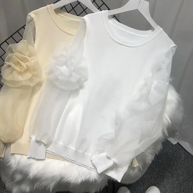 Women Organza Patchwork 3D Flower Knitted Sweater Autumn Lantern Sleeve Pullover High Street Round Neck Looae Tops | Женская одежда