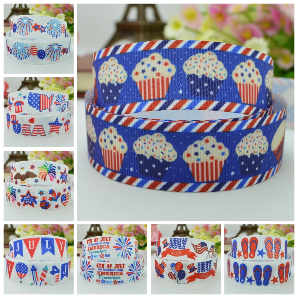 7/8&quot 22mm 4TH of July Independence Day red white blue Patriotic Printed grosgrain ribbon DIY hairbow 50YD |