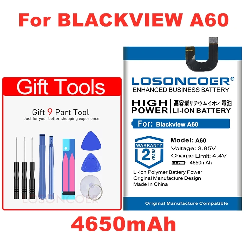 LOSONCOER 4650 мАч A60 сменная батарея для телефона Blackview A60, аккумуляторы для смартфонов, бесплатные инструменты, подставка, держатель, наклейки