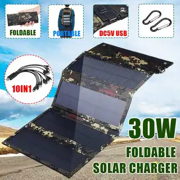 

30W Foldable Solar Panel 5V Solar Cells Sun power Bank Pack USB 10in1 USB Cable Waterproof for Phone Backpack Camping Hiking