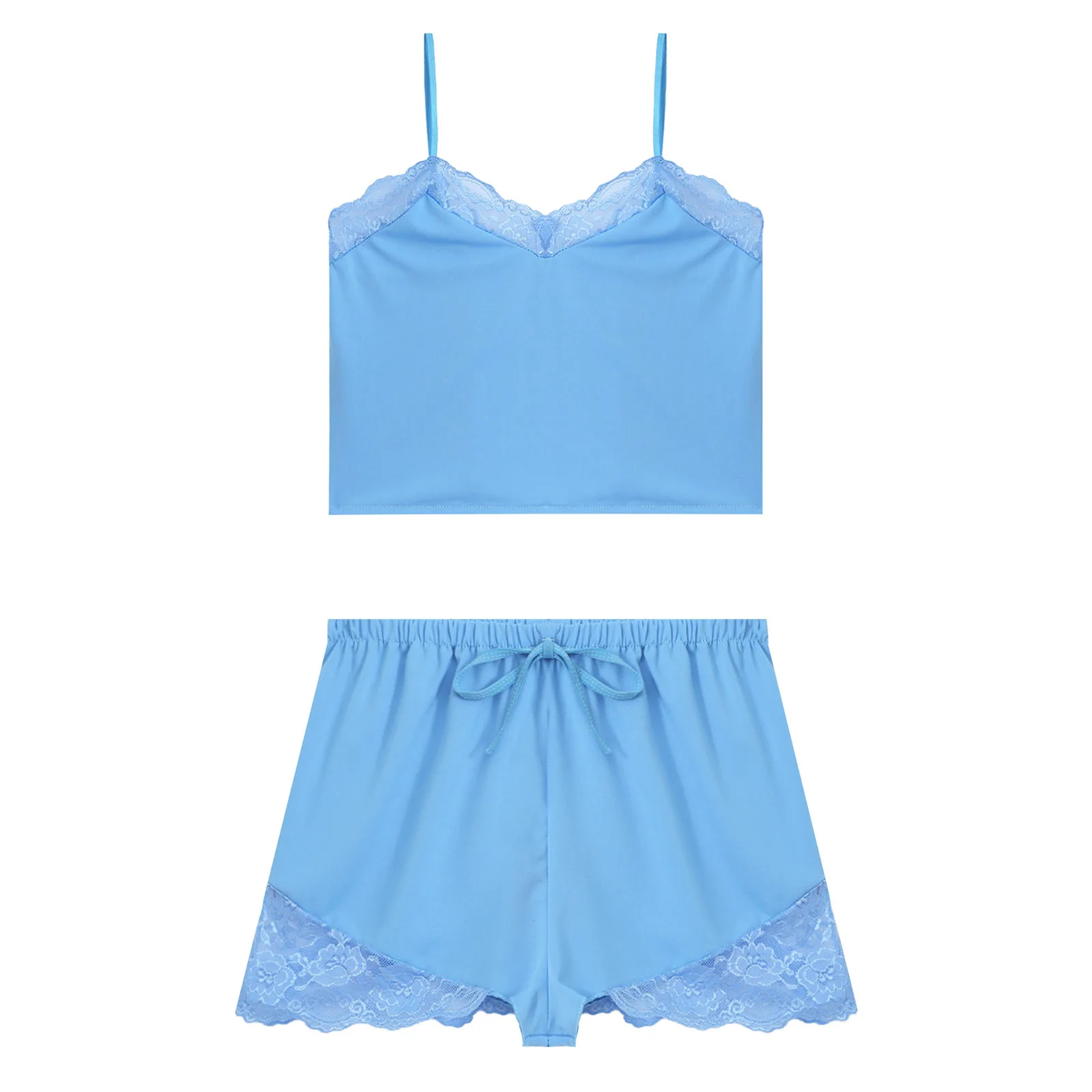 Womens V-Neck Sleeveless Pajamas Set Lace Cami Set with Short Pants Sleepwear PJ Set Nightwear