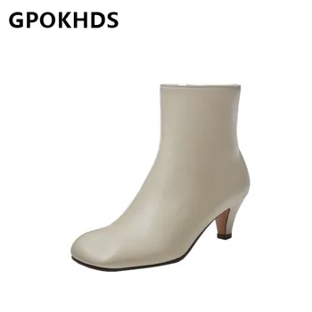 

GPOKHDS 2021 women Ankle boots Cow leather winter short plush Square Toe Zipper High heels female boots size 39