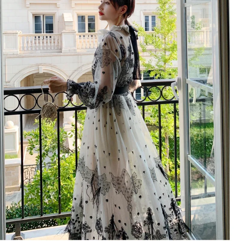 

2020 Spring Feather Embroidered Mesh Long Sleeve Tunic Ankle length Women Dress See Through Long Beach holiday Dress B046