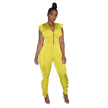 

Women Fashion V-Neck Ruffles Zipper Solid Jumpsuit Skinny Sexy High Waist Sleeveless Overalls Party Rompers