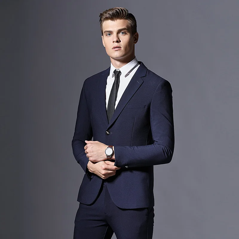 Navy (2 Piece) Классические мужские костюмы, наборы, приталенный мужской деловой костюм деловая офисная одежда, повседневный мужской костюм - Цвет: Navy (2 Piece)