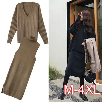 

2019 Autumn Womans Sweater + Turtleneck Dress Sets Solid Color Female Casual Two-Pieces Suits Loose Sweater Knitted Dress Winter