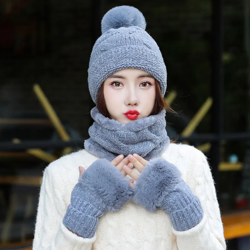 grey 3pc Модная зимняя шапка, шарф, комплект для женщин, теплая шапка бини для девочек, кольцо, шарф, помпоны, зимние шапки, вязаные шапки, шарф, комплект - Цвет: grey 3pc