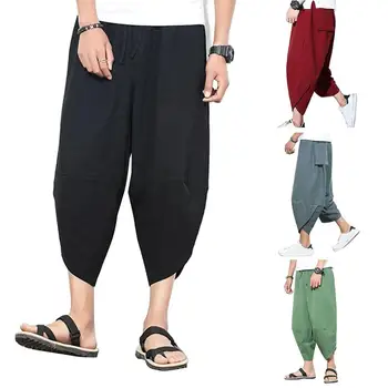 

Plus Size Men Solid Color Capri Pants Drawstring Oversize Samurai Trousers Style Cropped Pants