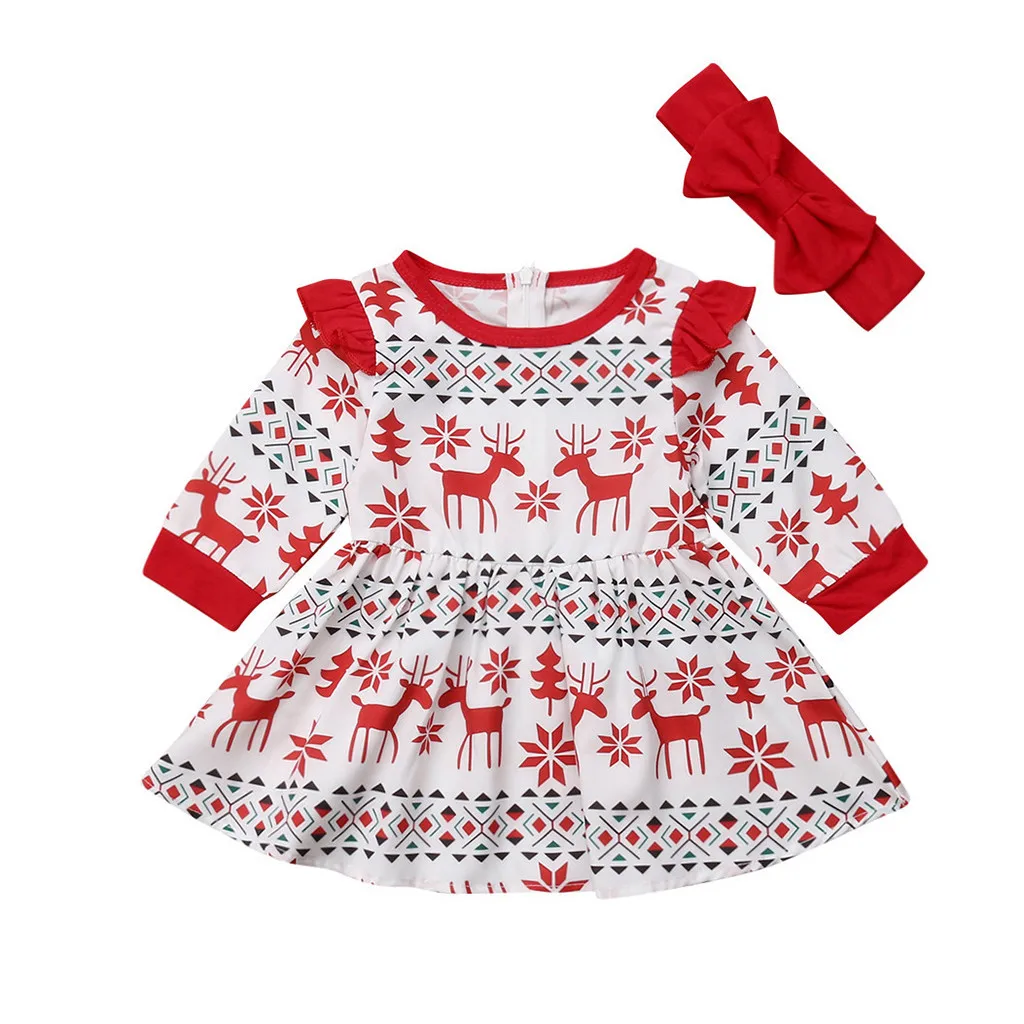 Red My First Christmas Girl Clothes Toddler Baby Long Sleeve Cartoon Deer Print Dress+headbands Sets Girls Outfit Mi Primera Navidad - Цвет: Red