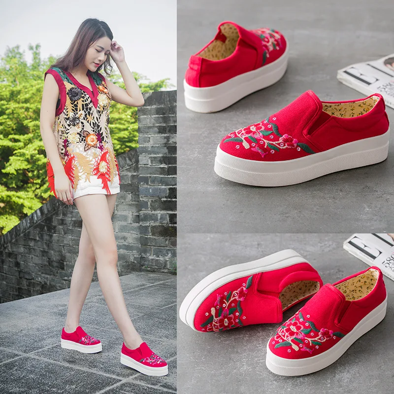 

2017 Spring And Autumn Ethnic Embroidery Canvas Shoes Platform Foot Covering Casual Extra High Loafers Women's