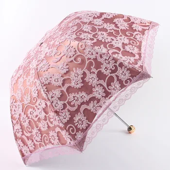 

Women Sun Rain Umbrella Elegant Princess Lace Sunshade Umbrellas Three Folding Umbrella Anti-UV Parasol