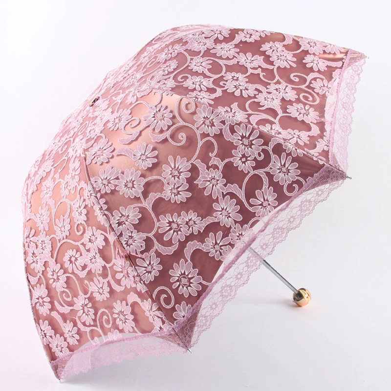 Lolita Girls Parasol Sun Rain Women Princess Lace Anti-UV 3 Folding Umbrella