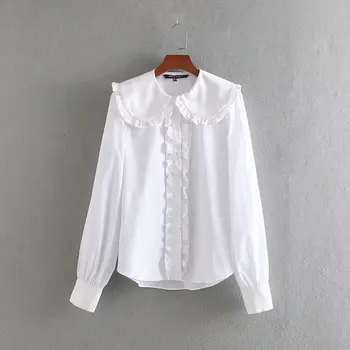 

women elegant pleated ruffles turn down collar casual white blouses office lady long sleeve shirts femininas blusas tops LS6041