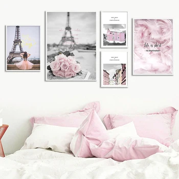 

Eiffel Tower Girl Wall Art Canvas Fashion Poster Pink City Landscape Painting Nordic Print Decoration Picture Living Room Decor