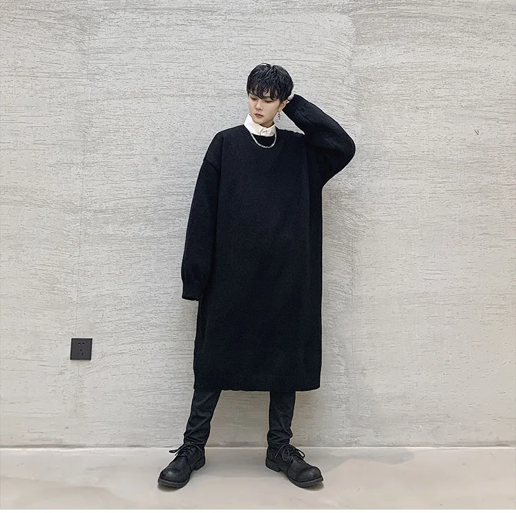 Male Women Streetwear Hip Hop Gothic Thick Dress Sweater Men Long Knitted Pullover Sweater Autumn Winter Japan Vintage Style