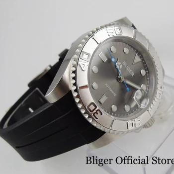 

BLIGER Simple Grey Automatic Men Wristwatch Rubber Band MIYOTA 8215 Movement Rotating Bezel