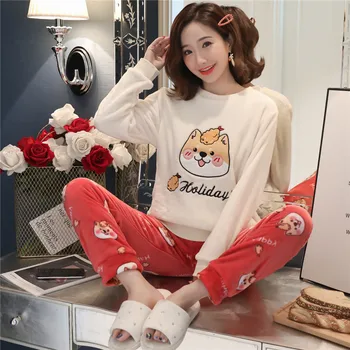 

Women pajamas set Women Pyjamas Thick Flannel Cute Female Warm Winter Pajama Set Long Sleeve Full Trousers Two Piece 2019