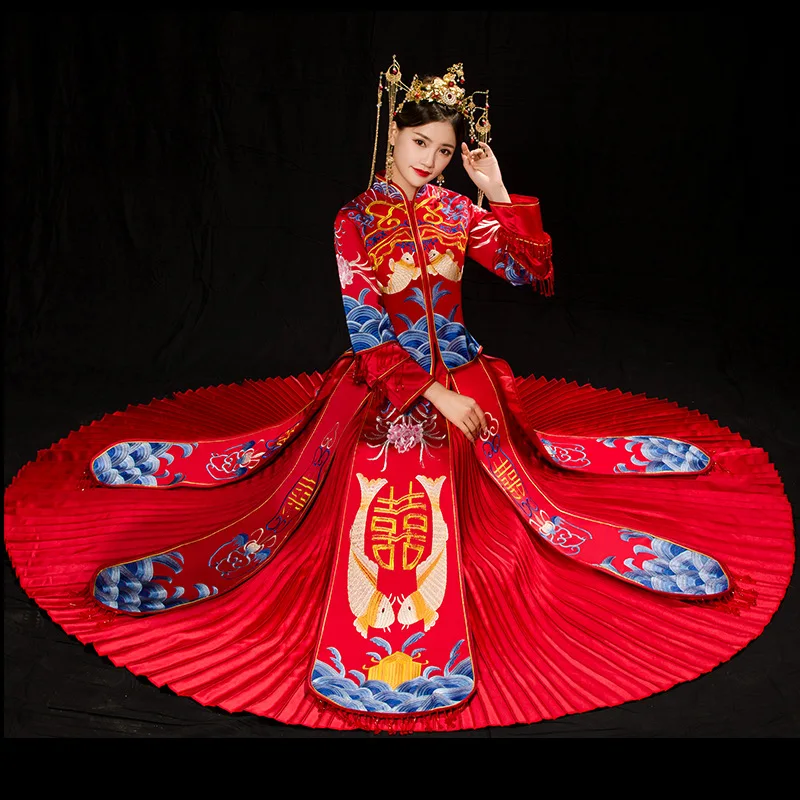 Полная длина свадебное платье Qipao платье тонкий 2 шт рубашка и юбка плиссированные вечерние платье в традиционном китайском стиле Женская Вышивка Cheongsam