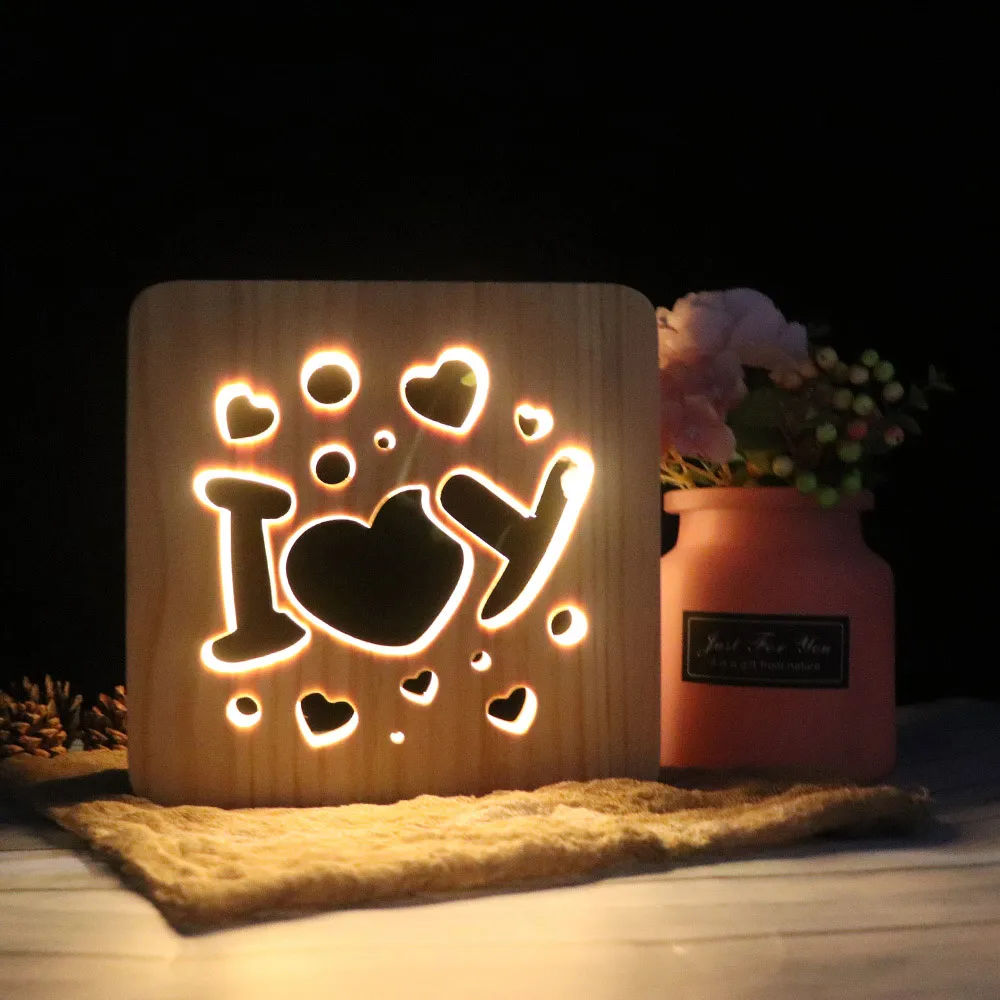 Креативный USB деревянный ночной Светильник, Кошачий коготь, роза, резной деревянный светодиодный настольный светильник, Свадебная вечеринка, украшение для дома, подарки на Рождество, день рождения - Испускаемый цвет: I LOVE U