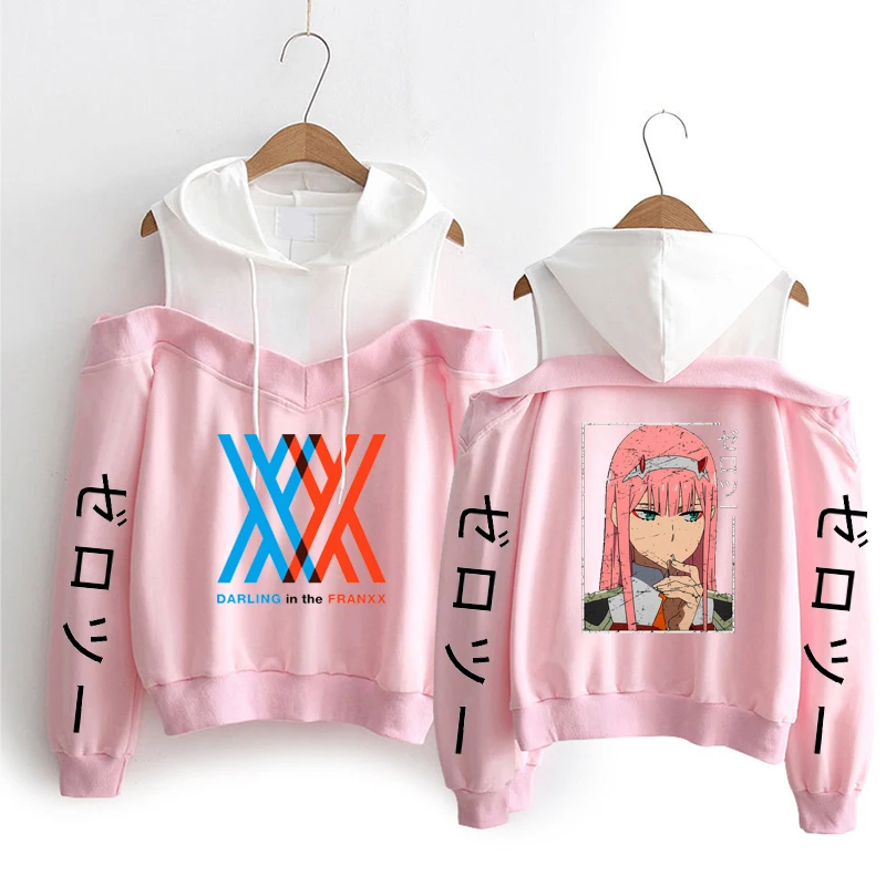 

90s Girls Hoodies Women Darling In The Franxx Hoody Anime Hoodie Off Shoulder Hooded Sudaderas Mujer 2020 Pullover Sweatshirt