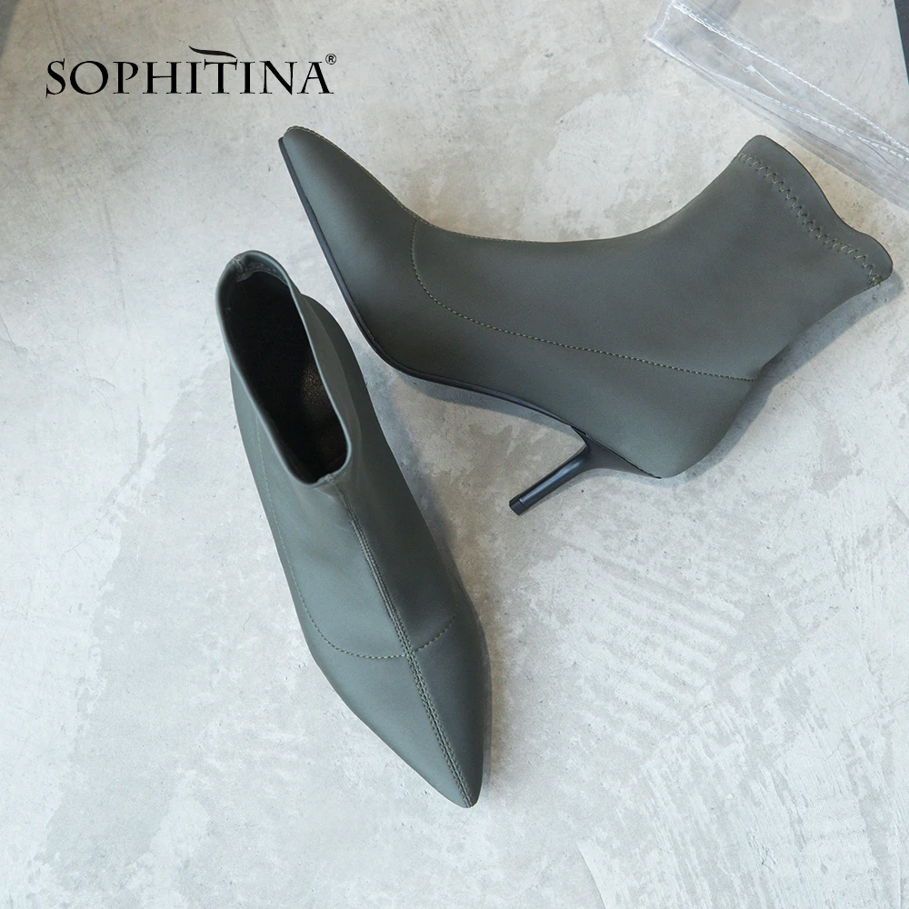 SOPHITINA Sexy Pointed Toe Boots Fashion High Quality Silk Thin Heels Solid Women's Shoes New Hot Sale Unique Ankle Boots MO238
