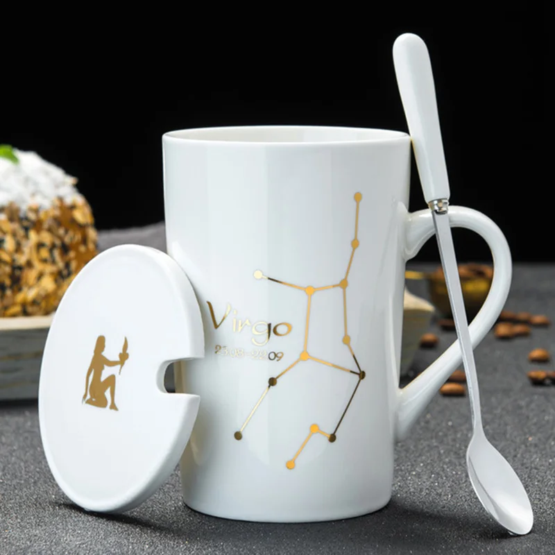 12 созвездий креативные керамические кружки с ложкой крышкой черный и Золотой фарфор Зодиак чашка для кофе с молоком 420 мл кружка для воды - Цвет: Virgo