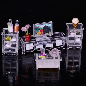 

1/12 Scale TV Cabinet Vase Cups Set End Table for Dollhouse Living Room Accessories Kids Hands-on Toy