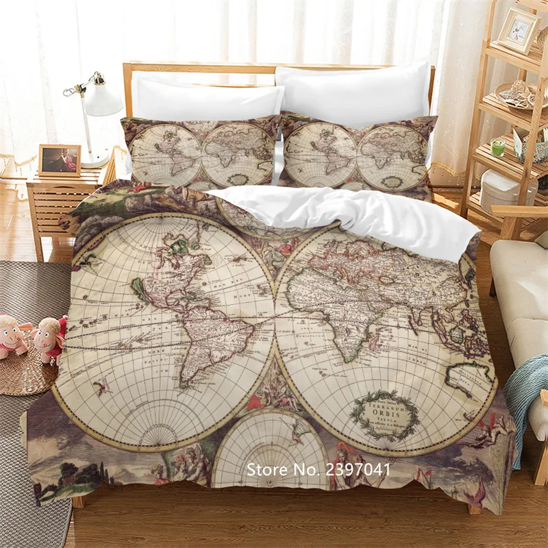 2-3 World Map Printed Bedding Set for Students and Children Quilt Cover Pillowcase Deluxe Double King Queen King-size Bedding