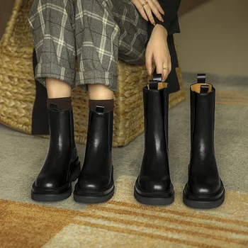 

Hot Leather Chelsea Boots Winter Slip-On Boots for Women Round Toe Split Leather Short Boots Platform Elastic Band Pure Handmade