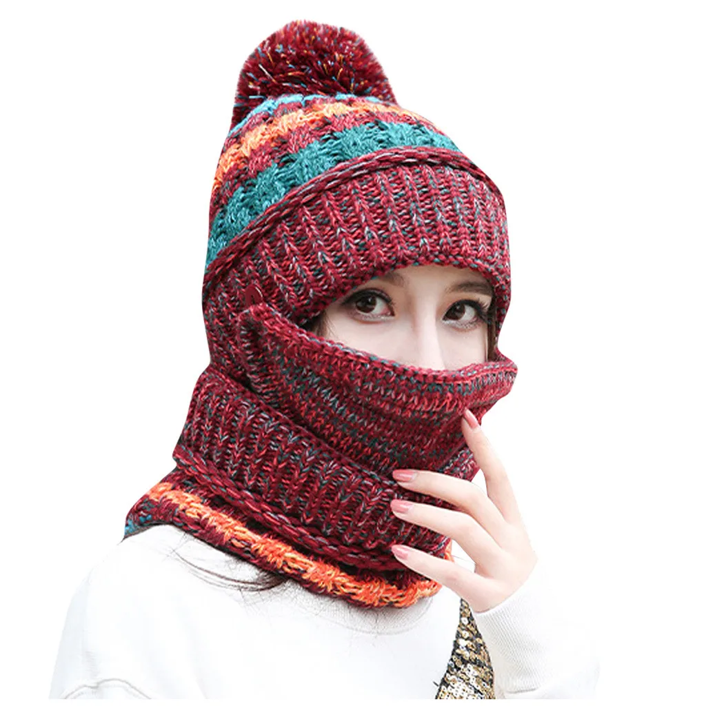 Унисекс многофункциональная Зимняя Лоскутная теплая утолщенная термальная маска шарф Шапка зимние шапки для детей Шапка Женская - Цвет: Бордовый