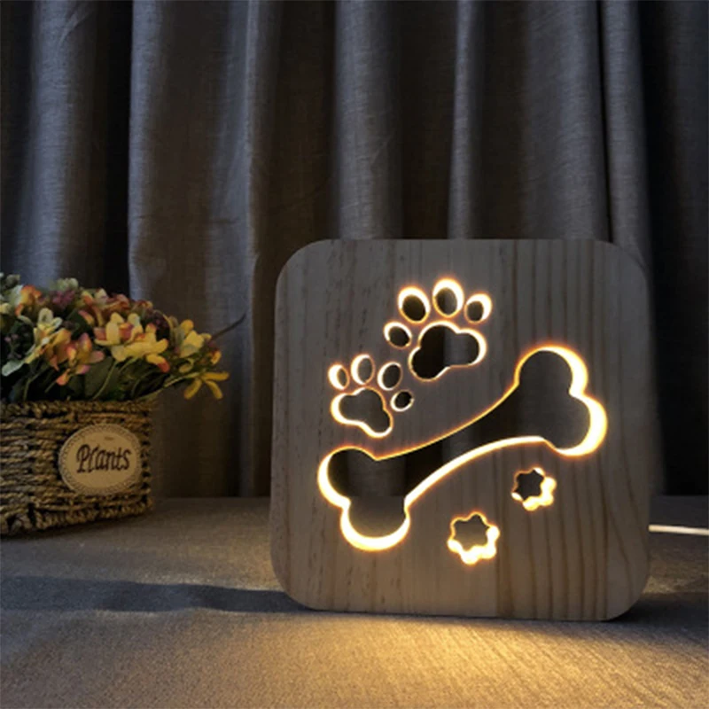 3D Деревянный Ночной светильник с собачьей лапой, кошкой, животным, для спальни, бульдог, светильник, USB Настольный светильник s для ребенка, подарок на Рождество, год
