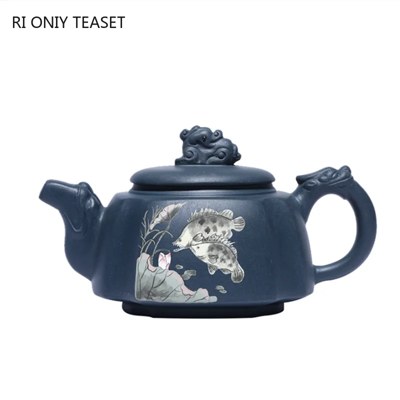 

270ml Yixing Master Purple Clay Teapots Handmade Fish Pattern Tea Pot Raw Ore Azure Mud Kettle Chinese Zisha Tea Set Customized