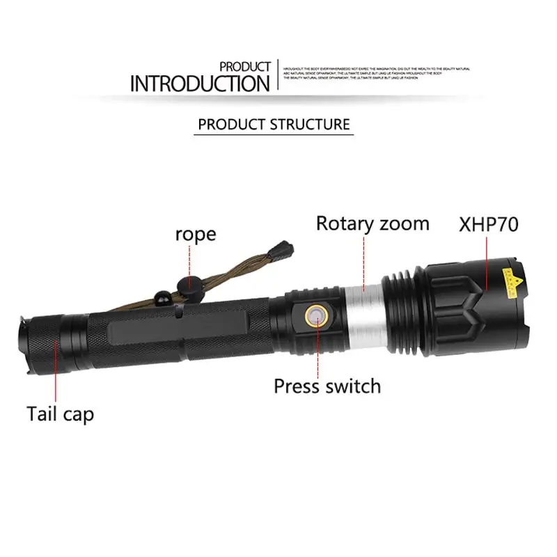 Тактический фонарик 5 режимов USB светодиодный фонарик перезаряжаемый P70 светодиодный фонарь с фокусировкой и зумом охотничья лампа