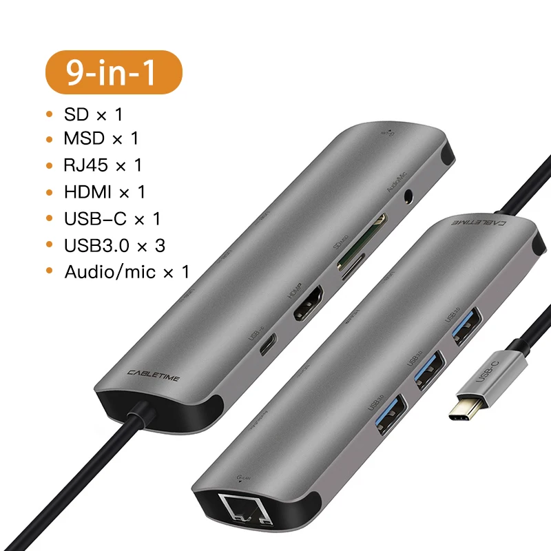 Кабель USB C концентратор HDMI 3,5 мм адаптер 9 в 1 Тип C USB 3,0 концентратор SDTF кардридер Ethernet для Macbook Huaiwei Matebook X - Цвет: 9in1 grey