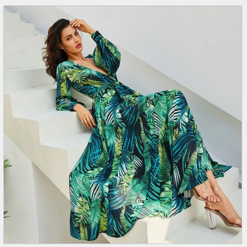 Boho Макси платье с длинным рукавом V образным вырезом цветочное свободное туника